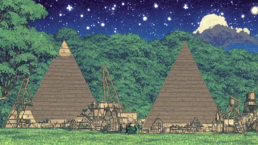 Prompt: a movie still from a studio ghibli film showing a huge industrial mining runoff storage facility and a pyramid under construction in the background, in the rainforest on a misty and starry night. by studio ghibli