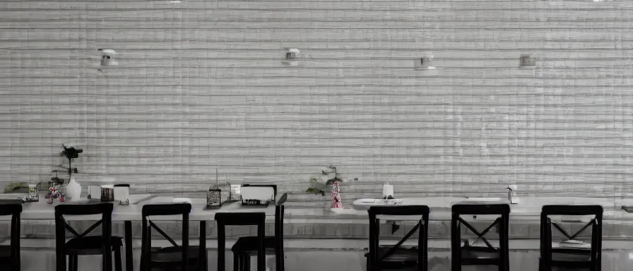 Image similar to a beautiful simple interior 4 k hd wallpaper illustration of small roasted string hotpot restaurant restaurant yan'an, wall corner, from china, yan'an characteristic wall and white tile floor, rectangle white porcelain table, black chair, fine simple delicate structure, chinese style, simple style structure decoration design, victo ngai, 4 k hd