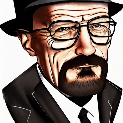 Image similar to Walter White with short pork pie black hat, accurate anatomy, highly detailed, digital art, centered, portrait, serious,