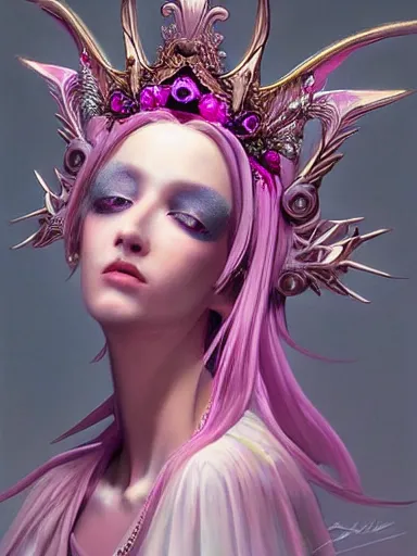 Image similar to pink portrait of beautiful female angel queen Lisa head wearing shiny pink crown, subtle purple accents, hyper details, black metal rococo, sculpted by Alex Alice, Craig Mullins, yoji shinkawa, trending on artstation, beautifully lit, Peter mohrbacher, hyper detailed, insane details, intricate, elite, elegant, luxury, ray of light through smoke, CGsociety, hypermaximalist, blackpink, golden ratio, volumetric, octane render, weta digital, micro details, 3d sculpture