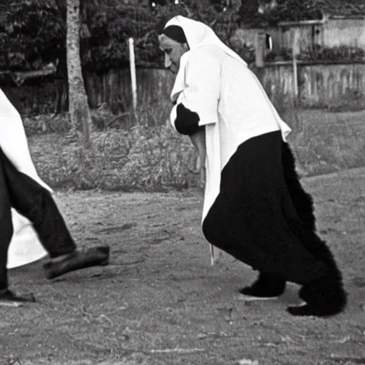 Prompt: a black and white photo of a silverback gorilla beating up a woman dressed as a nun