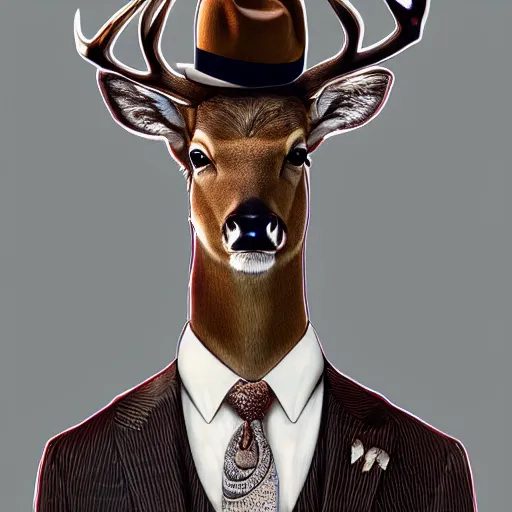 Image similar to a upper body portrait of a deer in a pinstriped suit and pants wearing a fedora with the antlers sticking out of the fedora adjusting his tie by artgerm and wlop, intricate detail, digital art, photorealistic, trending on artstation