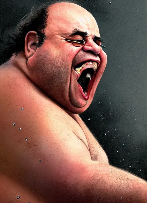 Image similar to Portrait of Fat Danny Devito with his belly sticking out as The Wolverine (2013), Hes screaming at the rain in the middle of the night road, realistic, detailed, 4k by Greg Rutkowski Mark Arian trending on artstation