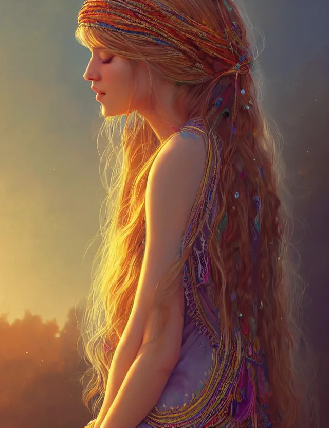 Prompt: a young woman wearing a boho dress at woodstock, hippie girl, long blonde hair, groovy hairband, bangs, intricate, smooth, groovy lighting, highly detailed, digital painting, artstation, concept art, smooth, sharp focus, illustration, art by wlop, mars ravelo and greg rutkowski