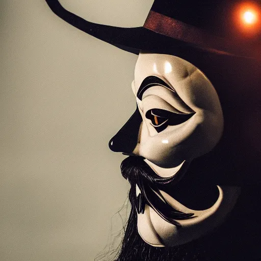 Image similar to man wearing guy fawkes mask, professional cosplay, cinematic, key light, 4 k, 8 k, photorealistic, ultra realistic, hyperrealistic