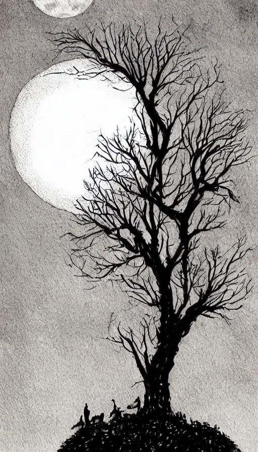 Image similar to book cover art, big crow on tree in front of the full big moon, watercolor, dramatic lighting, cinematic, establishing shot, extremely high detail, foto realistic, cinematic lighting, pen and ink, intricate line drawings, by Yoshitaka Amano, Ruan Jia, Kentaro Miura, Artgerm, post processed, concept art, artstation, matte painting, style by eddie mendoza, raphael lacoste, alex ross
