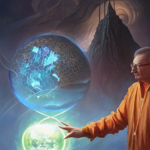 Image similar to the creator of worlds wearing a cloak and holding a holographic planet projection in his hand, detailed, sci - fi, digital painting, artstation, sharp focus, illustration, ominous, artgerm, tomasz alen kopera, peter mohrbacher, donato giancola, joseph christian leyendecker, wlop, frank frazetta