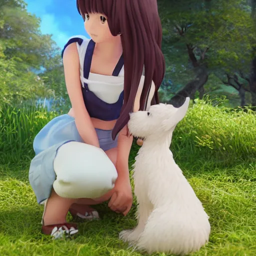 Image similar to Manga cover portrait of an extremely cute and adorable beautiful elated girl petting her new puppy, 3d render diorama by Hayao Miyazaki, official Studio Ghibli still, color graflex macro photograph, Pixiv, DAZ Studio 3D