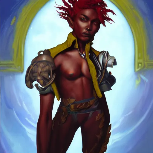 Prompt: dnd character portrait of a beautiful and androgynous half - elf with messy short red hair and dark skin tone and catlike features and yellow eyes with slit pupils, golden hour, wearing a colorful men's suit, realistic painting by kehinde wiley and ross tran and gerald brom and tasha beckwith and alphonse mucha, trending on artstation