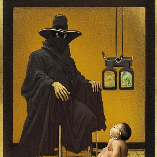 Prompt: hyper realistic painting of a handsome man symmetrical, sitting in a gilded throne, tubes coming out of the man's arm, getting a blood transfusion from a baby. plague doctor in the background. in the style of classicalism mixed with retro japanese book art. daguerreotype