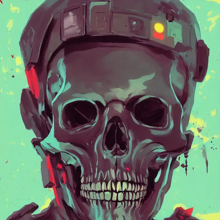 Prompt: a colorful comic noir illustration painting of a cyberpunk skull by sachin teng and sergey kolesov and artgerm and pascal blanche. in style of digital art, symmetry, sci fi, hyper detailed. octane render. trending on artstation