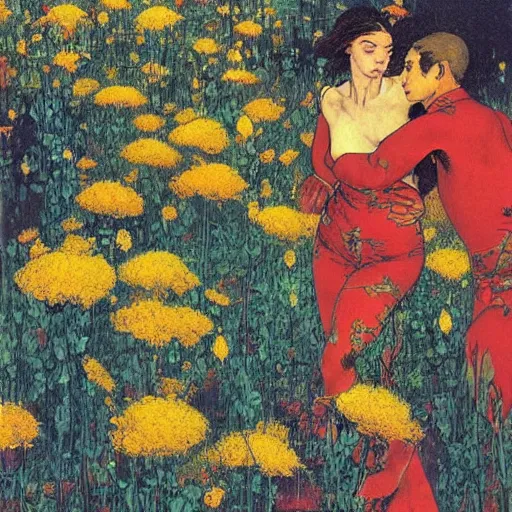 Image similar to 2 people in red desert drowning in a sea of yellow flowers, highly detailed, intricate, surreal, painting by Franz Marc, part by Yoji Shinkawa, part by Norman Rockwell