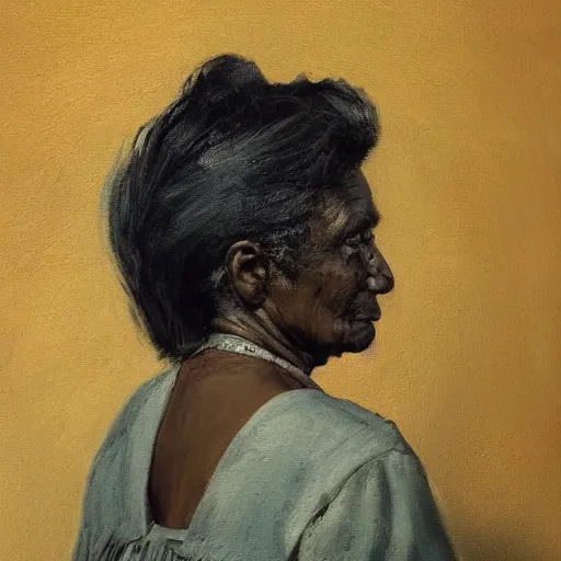 Prompt: a painting of a elder woman by Lynette Yiadom-Boakye . details, smooth, sharp focus, illustration, realistic, cinematic, artstation, award winning, rgb , unreal engine, octane render, cinematic light, macro, depth of field, blur, red light and clouds from the back, highly detailed epic cinematic concept art CG render made in Maya, Blender and Photoshop, octane render, excellent composition, dynamic dramatic cinematic lighting, aesthetic, very inspirational, arthouse.