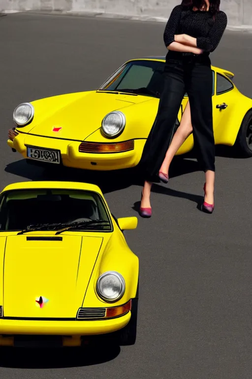 Prompt: Photo of a beautiful model leaning on a yellow Porsche 911 Carrera 3.2, daylight, dramatic lighting, award winning, highly detailed, fine art poster