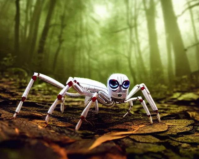 Prompt: photo of a white terminator spider with biomechanical cybernetic body in the forest. cyberpunk horror style. highly detailed 8 k. intricate. nikon d 8 5 0 5 5 mm. award winning photography.