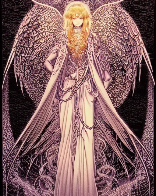 Prompt: hyper detailed illustration of an angel made of light, very holy, intricate linework, lighting poster by moebius, ayami kojima, 90's anime, retro fantasy