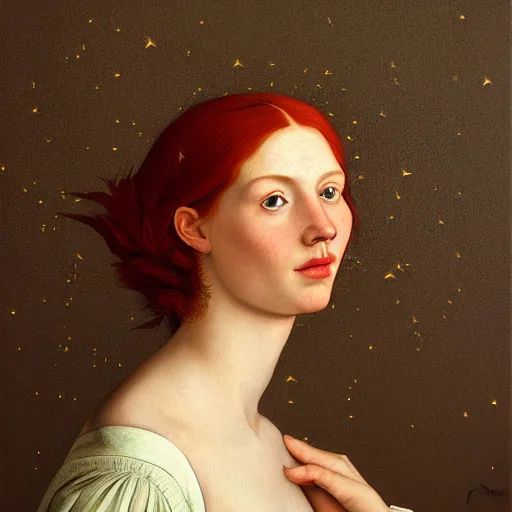 Image similar to portrait of a red haired woman, long hair, green eyes, hint of freckles, beautiful round face, soft amazed smiles, among golden fireflies, highly detailed, deep focus, elegant, digital painting, smooth, sharp focus, golden ratio, dramatic illumination, ultra realistic, 8 k, art by artemisia lomi gentileschi and caravaggio