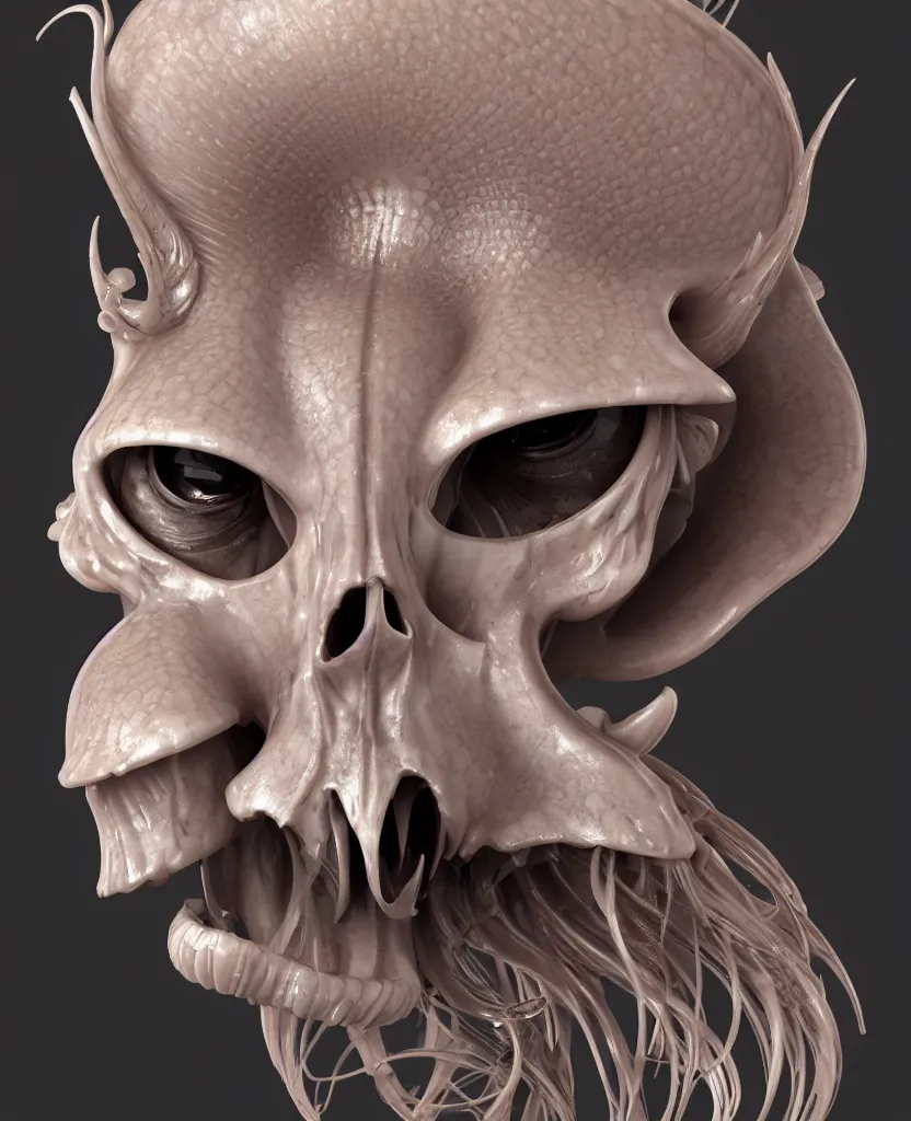 Image similar to goddess princess face close-up portrait ram skull. hard surface sculpting zbrush. jellyfish phoenix head, nautilus, orchid, skull, betta fish, bioluminiscent creatures, intricate artwork by Tooth Wu and wlop and beeple. octane render, trending on artstation, greg rutkowski very coherent symmetrical artwork. cinematic, hyper realism, high detail, octane render, 8k