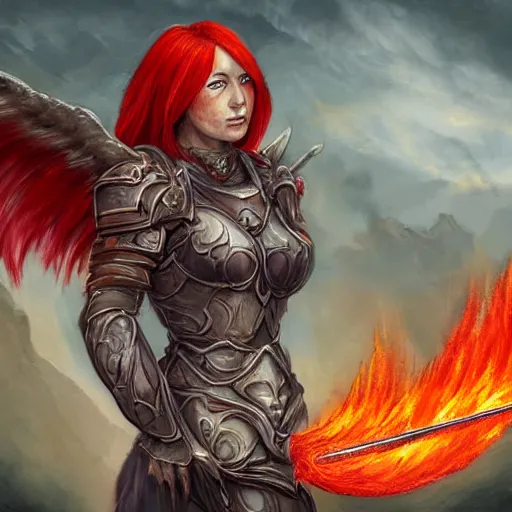 Image similar to red haired female paladin with wings and a flaming sword, ( gargoyle like ), fantasy painting, concept art