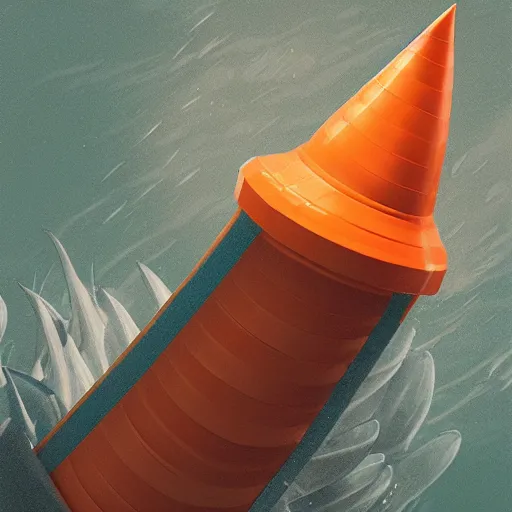 Prompt: orange striped traffic cone with shark teeth, ocean background detailed atmospheric - ron cheng & alphonse mucha, highly detailed, digital painting, ray tracing, concept art, illustration, smooth sharp focus, intricate, symmetry, artstation,