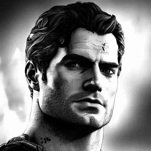 Image similar to henry cavill portrait, borderlands, tales from the borderlands, the wolf among us, comic, cinematic lighting, studio quality, 8 k