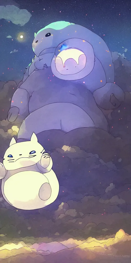 Prompt: giant glowing wireframe snorlax totoro, mountain landscape, night sky, digital art, digital painting, celestial, majestic, colorful