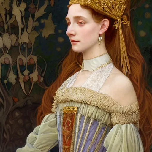 Image similar to a highly detailed portrait of a medieval french princess, translucent dress, beautiful detail and color, art by john collier and albert aublet and krenz cushart and artem demura and alphonse mucha, volumetric lighting, octane render, 4 k resolution, matte, sharp focus, illustration, art by jacque - louis david, baroque style