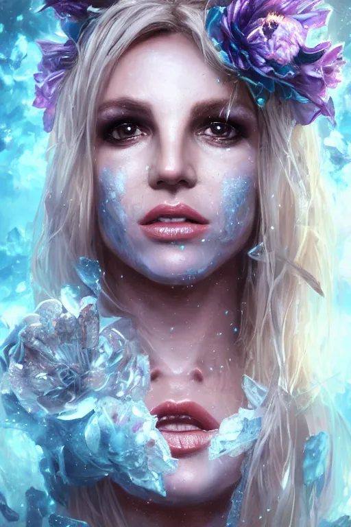 Image similar to britney face closeup of beautiful girl necromancer, witch - doctor covered with crystals exploding into ice, 3 d render, hyper realistic detailed portrait, holding magic flowers, ruan jia, wlop. scifi, fantasy, hyper detailed, octane render, concept art, peter mohrbacher