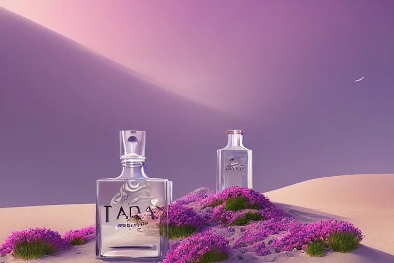 Prompt: perfume bottle buried flowers at a zen oasis hotspring by peter tarka in the middle of a desert with little flowers, soft lilac skies, silky smooth, dramatic, mid day, sand dune background, large scale, wind - swept, lots of detail, realistic lighting, octane render, by wlop, artgerm, trending on artstation