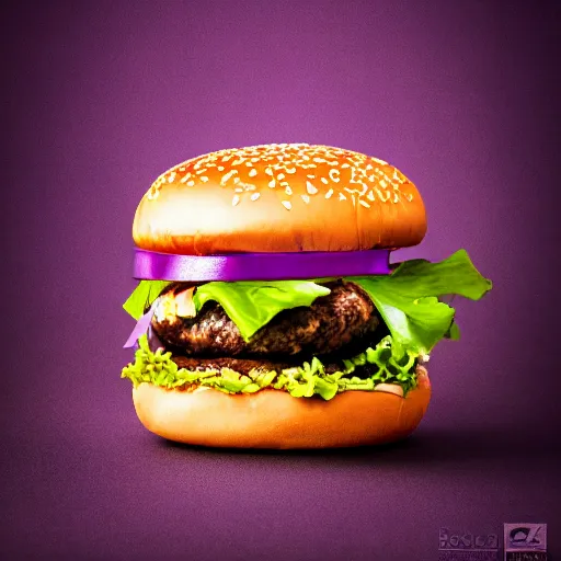 Image similar to a stock photo of a cheeseburger on a purple background, product photography, f 2. 4, bokeh effect, award winning