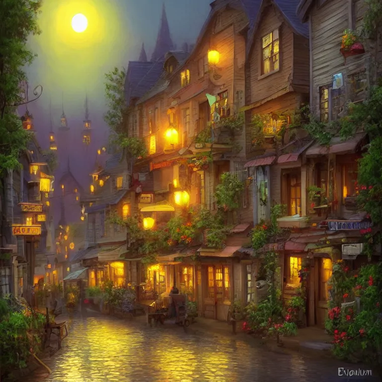Prompt: town inspired by Evgeny Lushpin stores,cottages,streets,spring, midnight,full moon,cinematic,