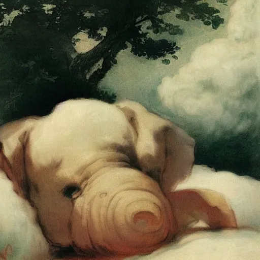 Image similar to “falling asleep with cute elephants made from clouds, illustration, detailed, smooth, pink white and green, by Adolf lachman, bob ross, Goya,”