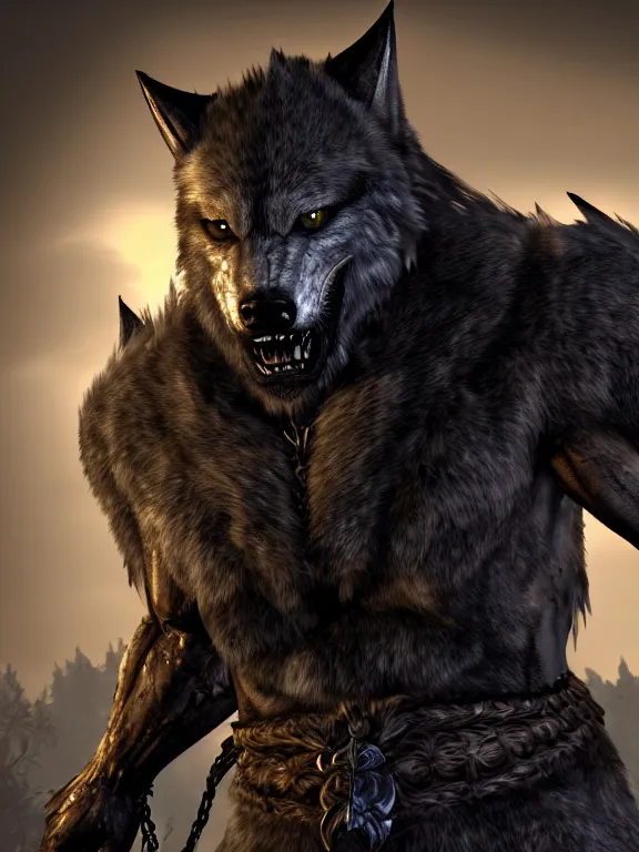 Image similar to cute handsome cuddly burly surly werewolf from van helsing unreal engine hyperreallistic render 8k character concept art masterpiece screenshot from the video game the Elder Scrolls V: Skyrim