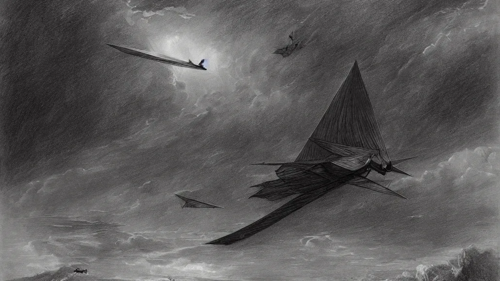 Prompt: drawing of an ornithopter flying toward a desert storm, by gustave dore, nineteenth century, black and white, vintage, science fiction, epic composition, dramatic lighting, highly detailed, cinematic