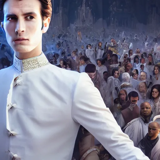 Prompt: portrait of a regal prince in futuristic white clothes, high collar, sharp cheekbones, hopeful expression, surrounded by a crowd of furious people, matte painting, digital art