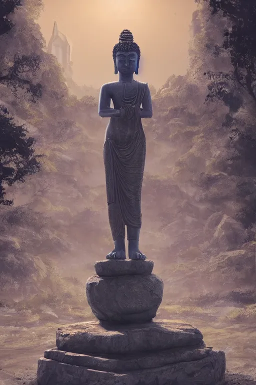 Image similar to a stone statue of buddha sit on the side of the road < bends down > to the < crying girl > who is held by the < ghost of her mother > behind her, craig mullins and ghibli digital art, red lanterns, night sky, stars, unreal engine, hyper realism, realistic shading, cinematic composition, realistic render, octane render, detailed textures, photorealistic