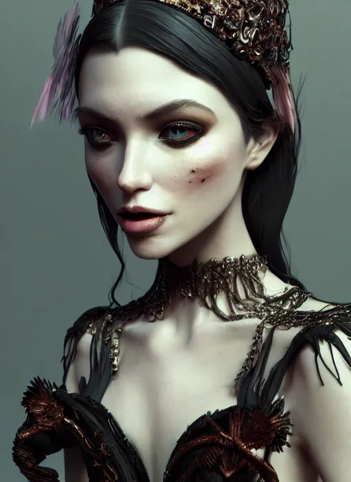 Image similar to close - up portrait of an absurdly beautiful, graceful, sophisticated, fashionable dark witch, hyperdetailed illustration by irakli nadar and vania zouravliov, day - glow, unreal engine 5 highly rendered, global illumination, radiant light, detailed and intricate environment