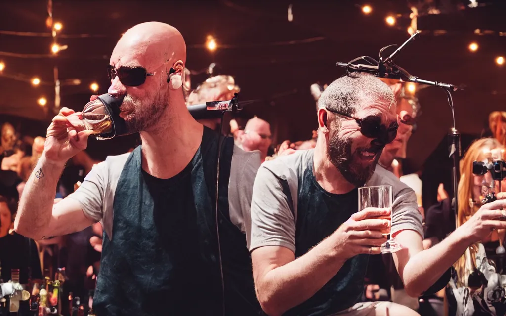 Prompt: photography of the musician marc rebillet drinking champagne at his concert, public is annoyed and throws cans on the stage, a big bald guy is laughing and points at marc rebillet 4 k,