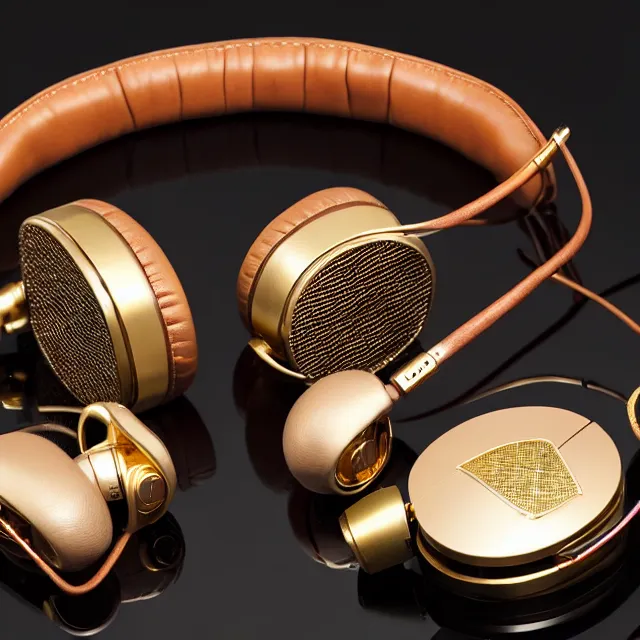 Image similar to masterpiece photo of beautiful hand crafted artistic gold metal headphones, bismuth rainbow metal, bismuth cups, plush leather pads, displayed on mahogany desk, modernist headphones, bismuth beautiful well designed, hyperrealistic, audiophile, intricate hyper detail, extreme high quality, photographic, audeze, sennheiser, bang olufsen, abyssal
