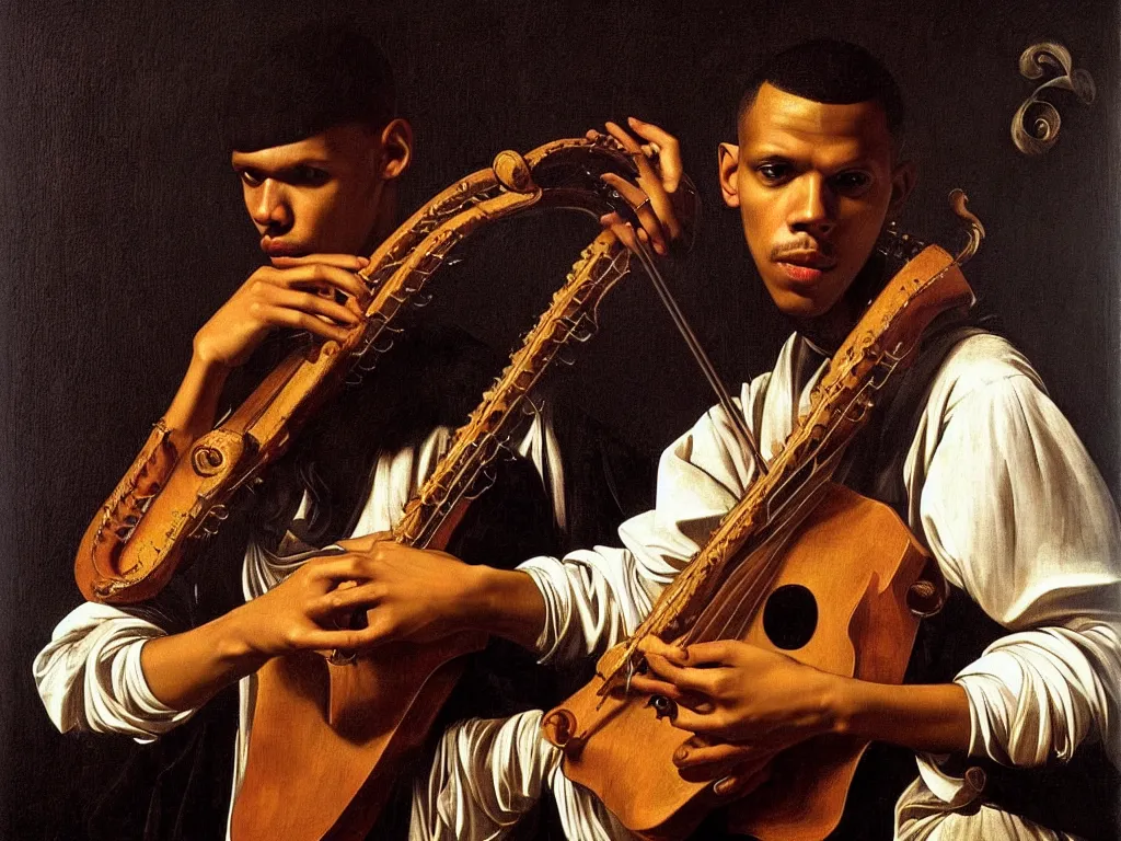 Prompt: a masterpiece portrait of stromae as a bard with a mandolin by caravaggio, epic composition, exquisite details, dark mood,