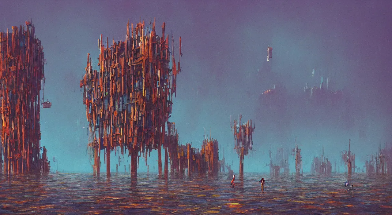 Image similar to single flooded simple wooden tower, very coherent and colorful high contrast ultradetailed photorealistic masterpiece by bruce pennington simon stalenhag, dark shadows, sunny day, hard lighting