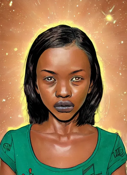 Prompt: An sci-fi comic book style portrait painting of a short, dark-skinned, slender girl wearing a gold and green shirt with short auburn hair that comes almost to her shoulders with brown eyes that look almost black with flecks of gold in them. The girl has a medium-sized scar on the upper right side of her head, unreal 5, DAZ, hyperrealistic, octane render, cosplay, RPG portrait, dynamic lighting