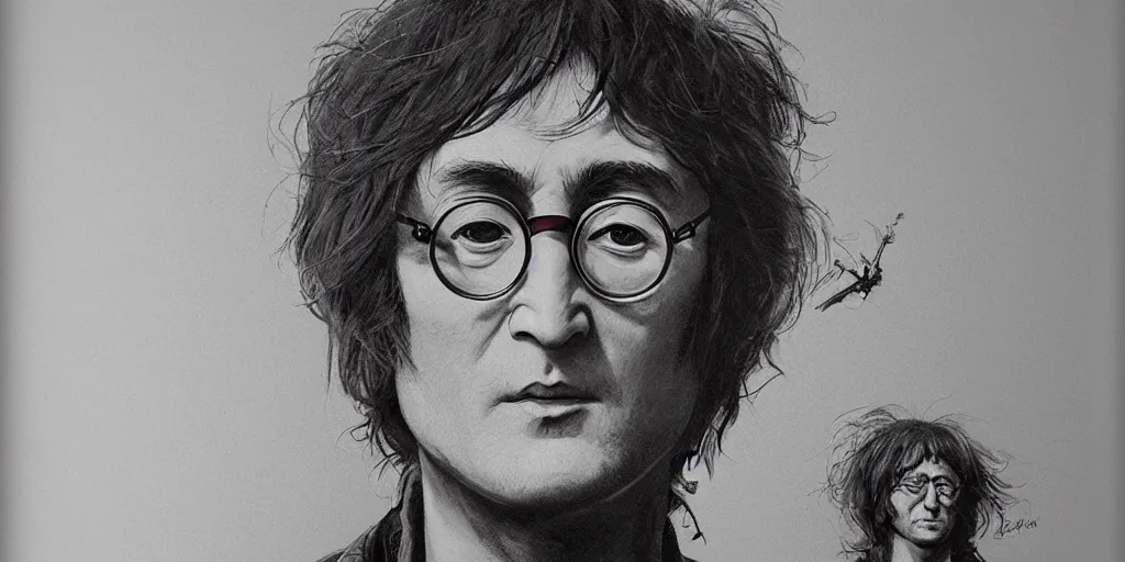 Prompt: John Lennon portrait, kim jung gi style, Greg Rutkowski, Zabrocki, Karlkka, Jayison Devadas, Phuoc Quan, trending on Artstation, 8K, ultra wide angle, zenith view, pincushion lens effect