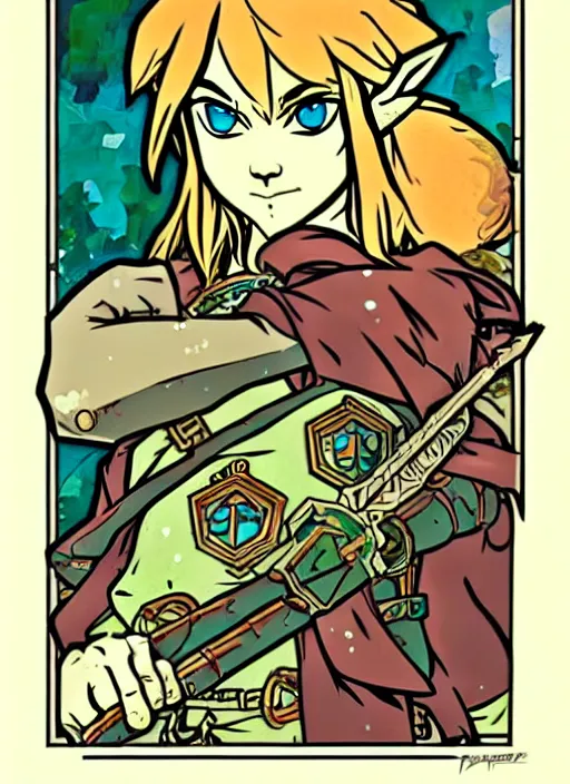 Image similar to stonepunk link from zelda!! portrait illustration, pop art, splash painting, art by geof darrow, ashley wood, alphonse mucha, makoto shinkai