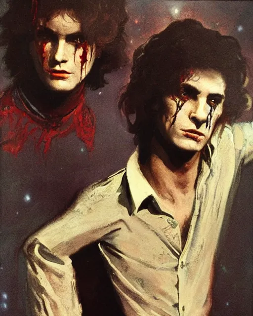 Prompt: two handsome but sinister young men in layers of fear, with haunted eyes and wild hair, 1 9 7 0 s, seventies, wallpaper, a little blood, moonlight showing injuries, delicate embellishments, painterly, offset printing technique, by brom, robert henri, walter popp