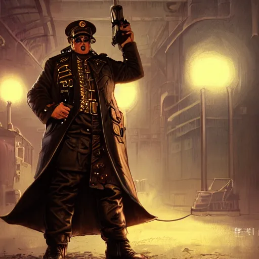 Image similar to steampunk cyberpunk fat soviet policeman, fog, darkness, evil, magic the gathering artwork, D&D, fantasy, cinematic lighting, centered, symmetrical, highly detailed, digital painting, artstation, concept art, smooth, sharp focus, illustration, volumetric lighting, epic Composition, 8k, art by Akihiko Yoshida and Greg Rutkowski and Craig Mullins, oil painting, cgsociety