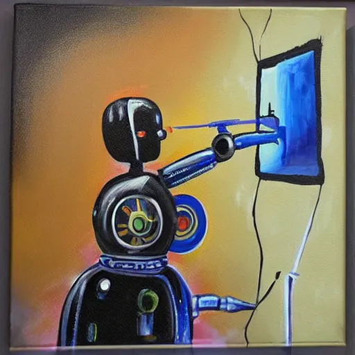 Image similar to a robot painter, painting on a canvas