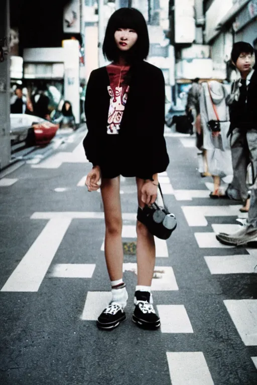 Image similar to a street fashion photograph of a young japanese woman in 9 0 s fashion, in tokyo akihabara, shot on cinestill 5 0 d with a canon 3 5 mm at f / 5. 6 lens, print magazine, photorealistic, nineties nostalgia, 4 k