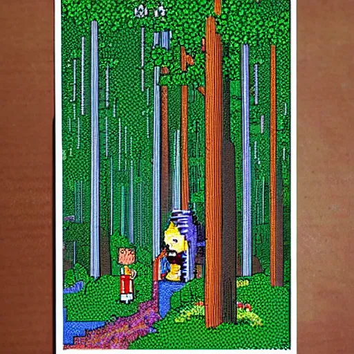 Image similar to pixel art forest in the style of the far side ( print comic )