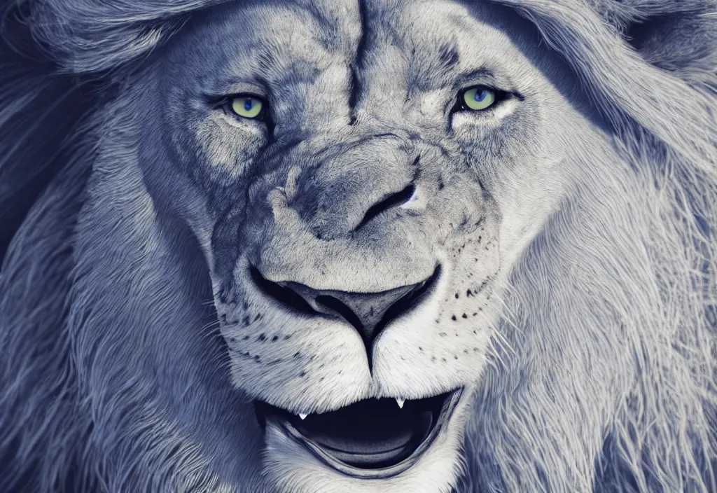 Image similar to a close up of a lion's face with blue eyes, an album cover by jacob toorenvliet, featured on behance, cubo - futurism, rendered in cinema 4 d, sketchfab, rendered in maya
